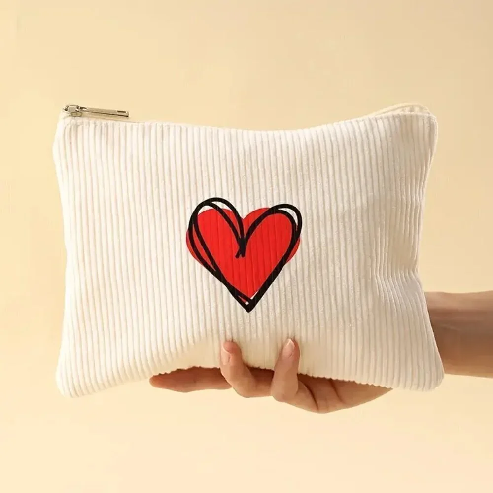Red Love Print Corduroy Makeup Bag